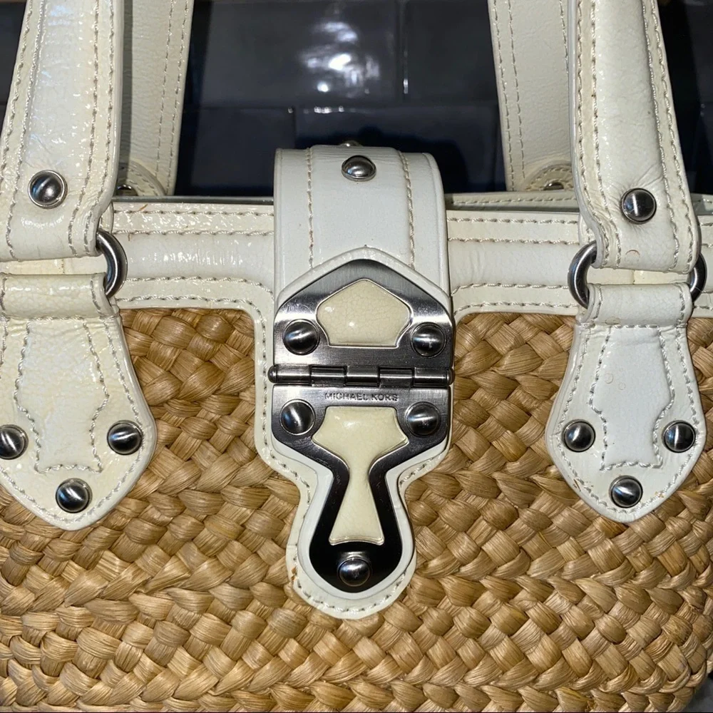 Michael Kors Leather And Straw Basket Weave Bag